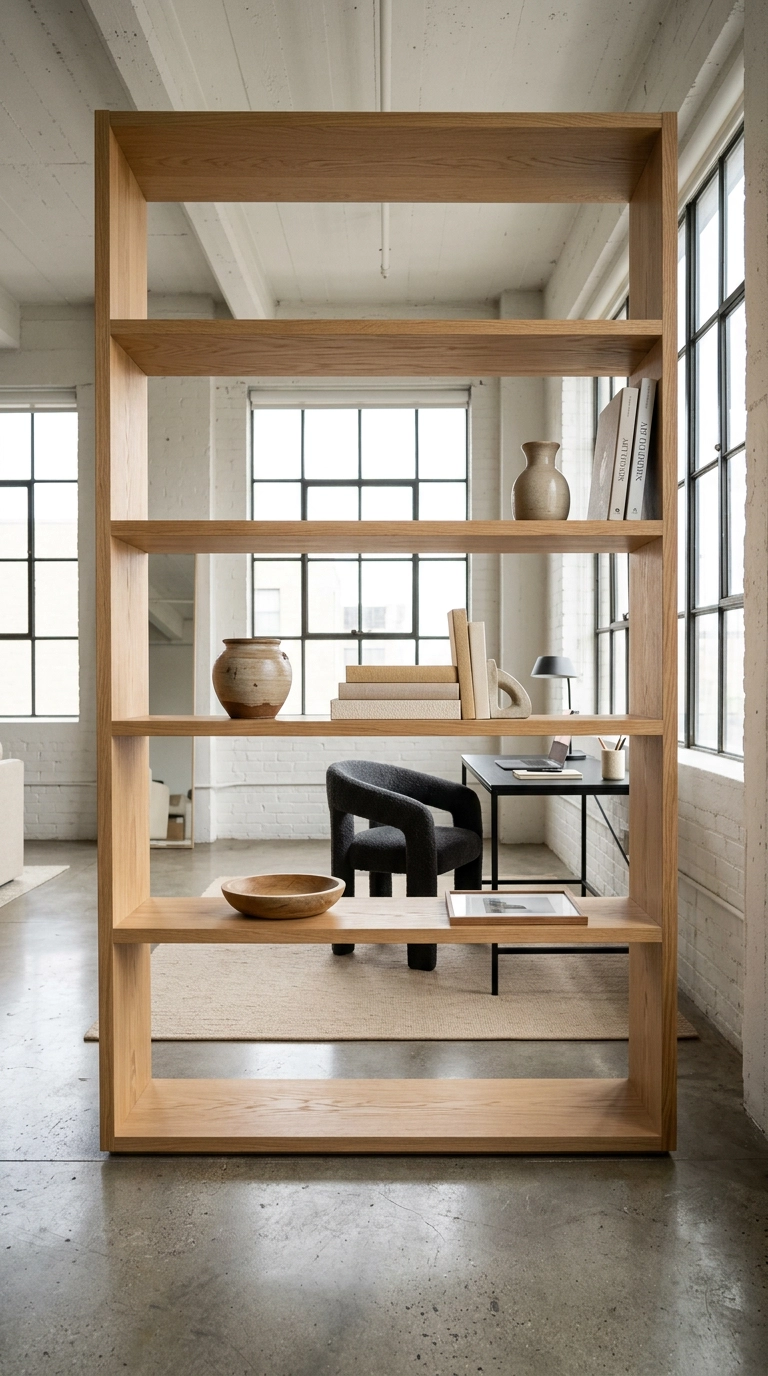Open-back white oak bookcase dividing a loft into living and home office zones