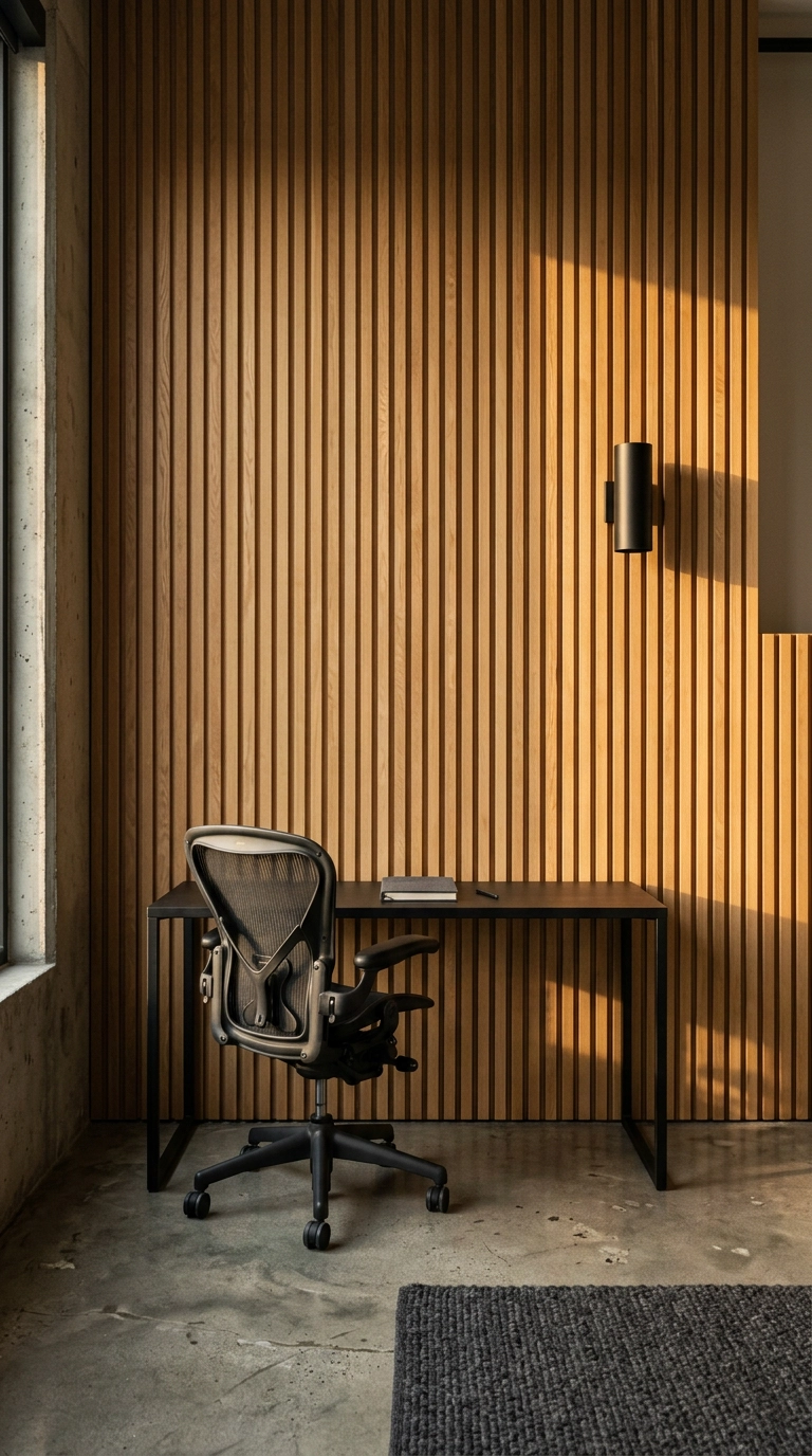 Vertical white oak slat accent wall behind a slim steel desk in a loft office