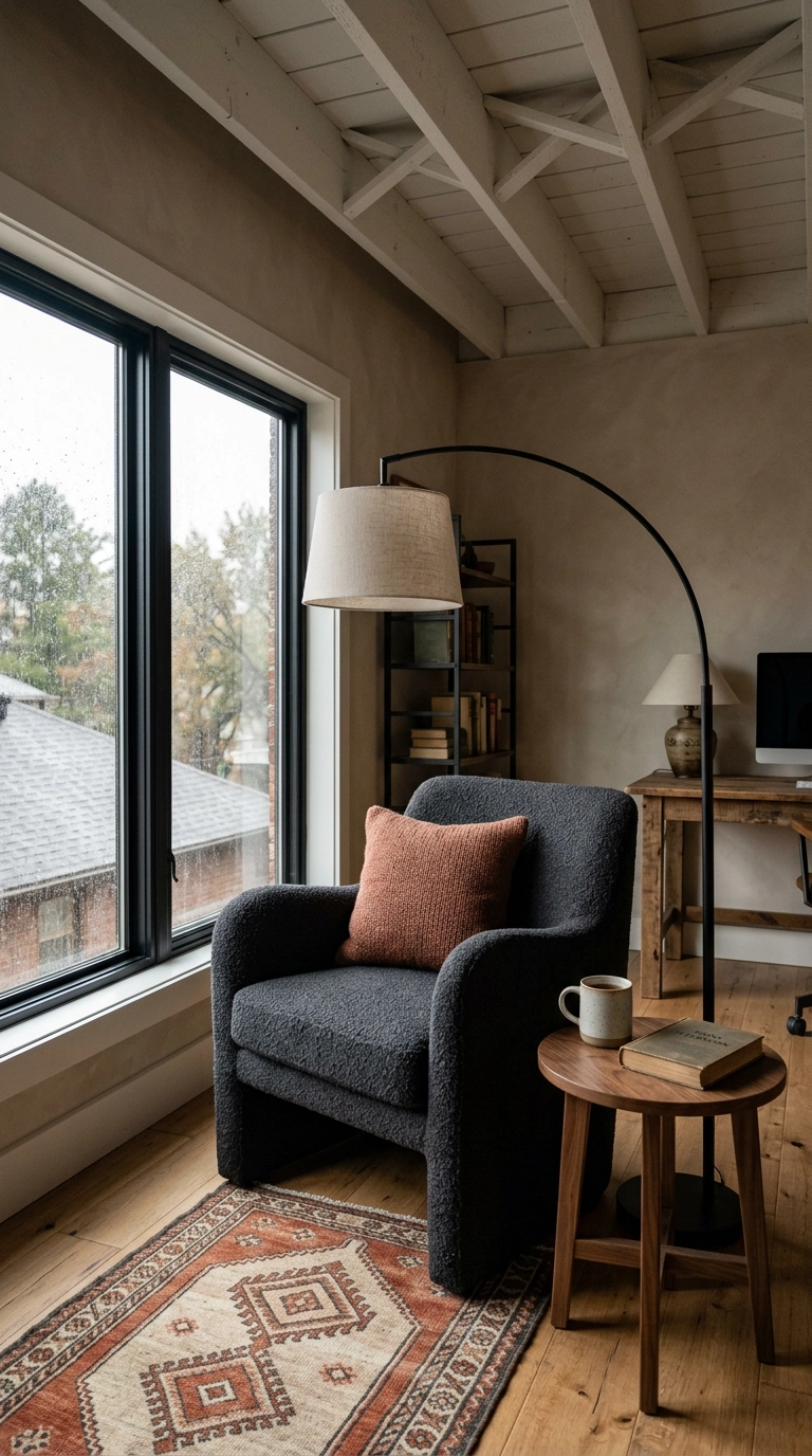 Charcoal boucle reading chair with an arc floor lamp in a loft office corner