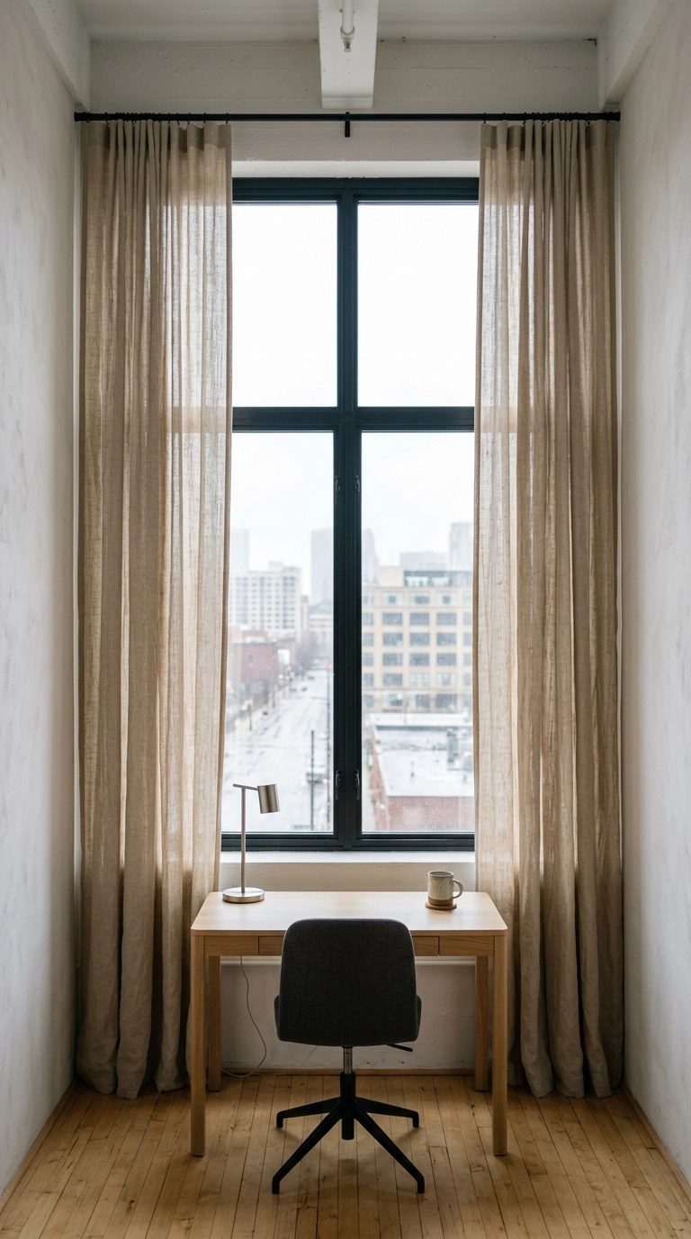Floor-to-ceiling oatmeal linen curtains hung at the ceiling line in a bright loft office