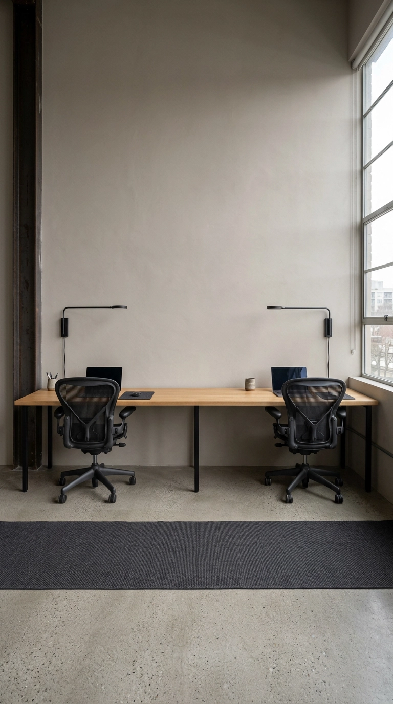 Eight-foot shared white oak desk with two chairs along a loft office wall