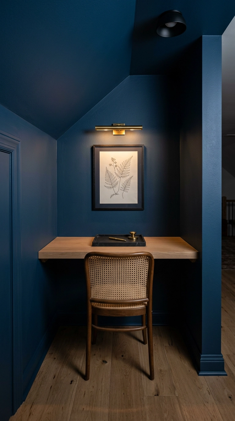 Loft office alcove color drenched in matte ink blue with a floating white oak desk shelf