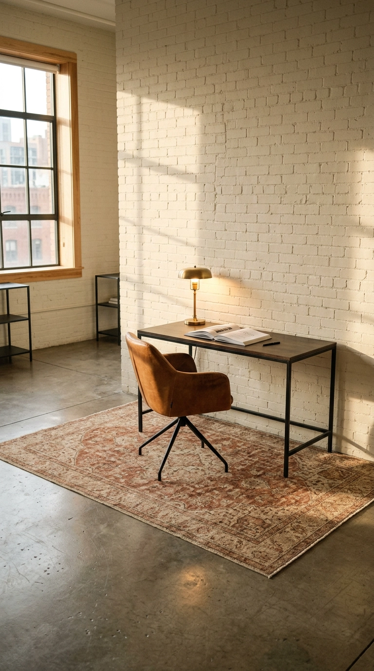 Large rust and sand wool rug defining a desk zone in an open loft office over concrete