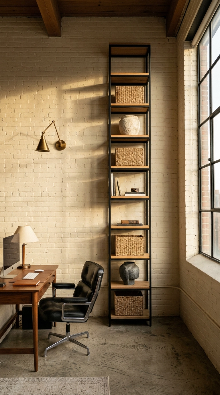 Tall narrow black metal and oak storage tower beside a walnut desk in a loft office