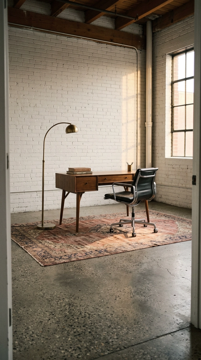 Faded vintage Persian rug in muted rose and indigo over concrete in an industrial loft office