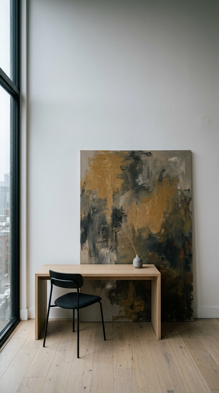 Oversized ochre and charcoal abstract canvas leaning against a tall loft office wall
