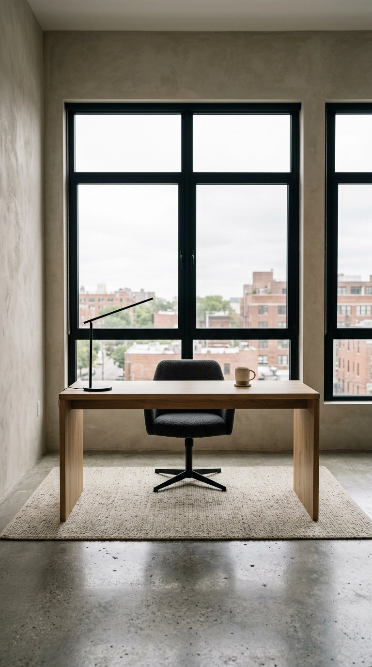 White oak desk floating in the center of a loft office facing tall black-framed windows