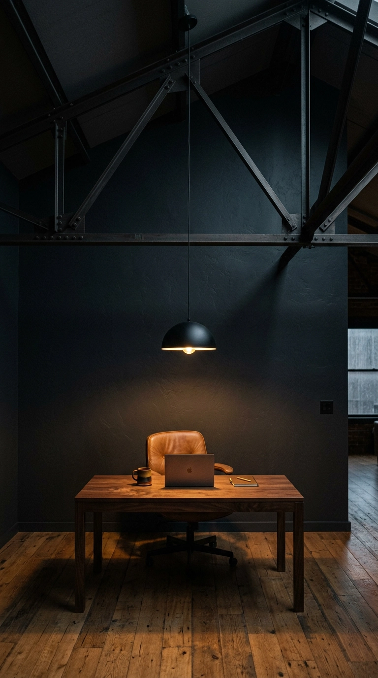 Matte black dome pendant hanging low over a walnut desk beneath exposed loft ceiling trusses