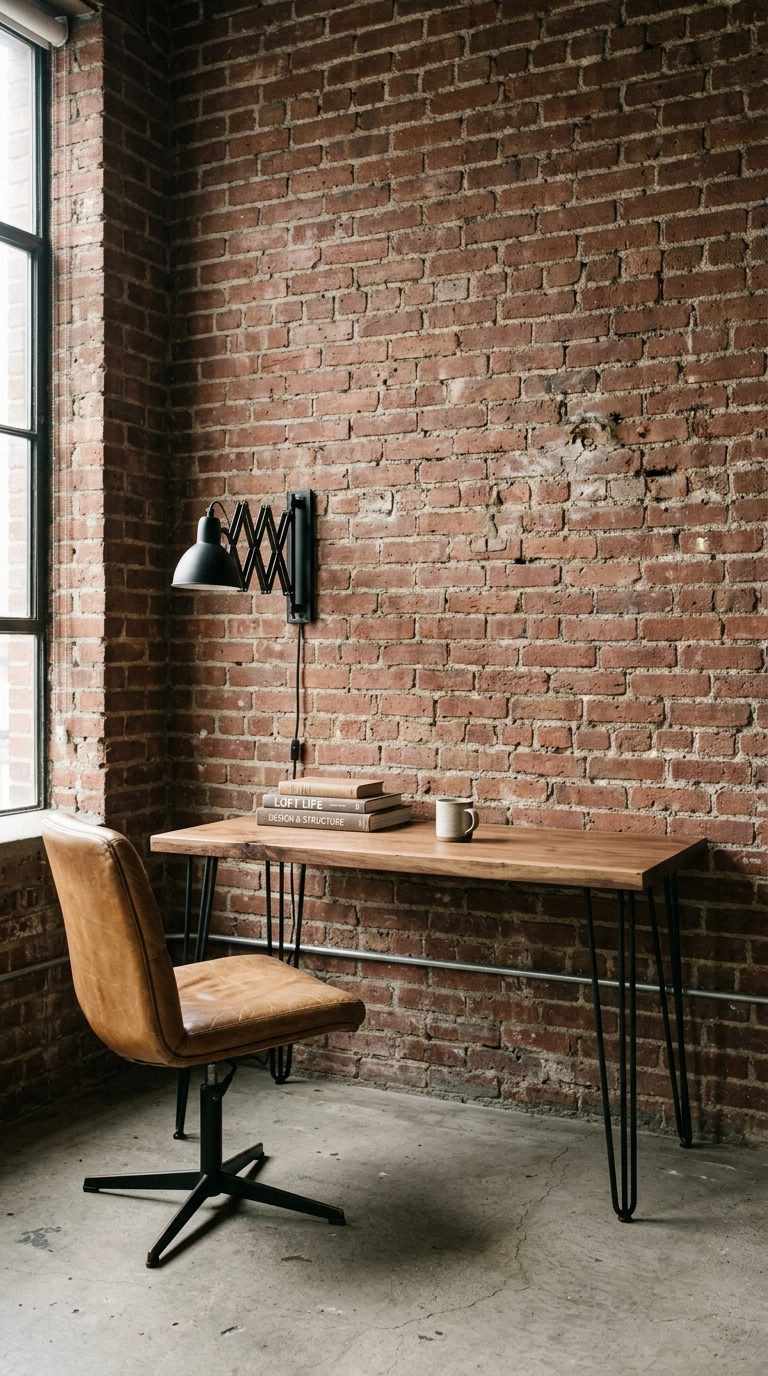 Exposed red brick wall behind a walnut slab desk in a converted warehouse loft office