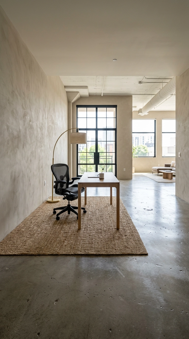 Seagrass rug marking a loft office zone where it meets bare polished concrete flooring