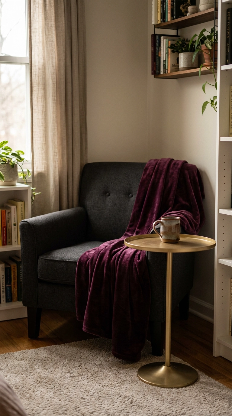 Deep wine velvet throw blanket on charcoal chair beside a satin gold side table
