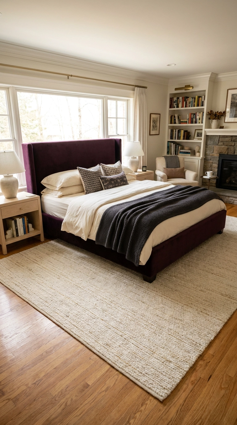 Blackberry purple upholstered bed sitting on a cream wool rug with subtle gold threads