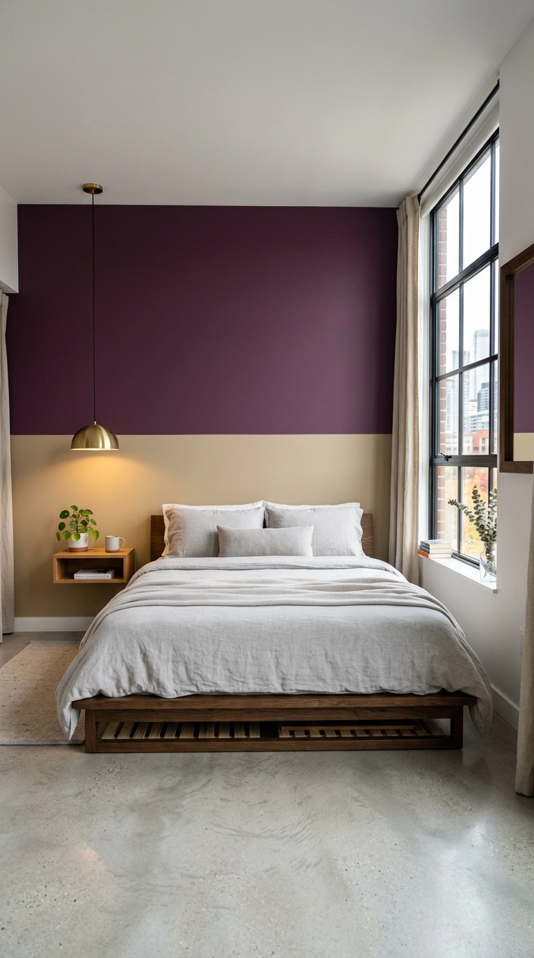 Color-blocked mulberry purple and warm champagne gold wall in a modern bedroom