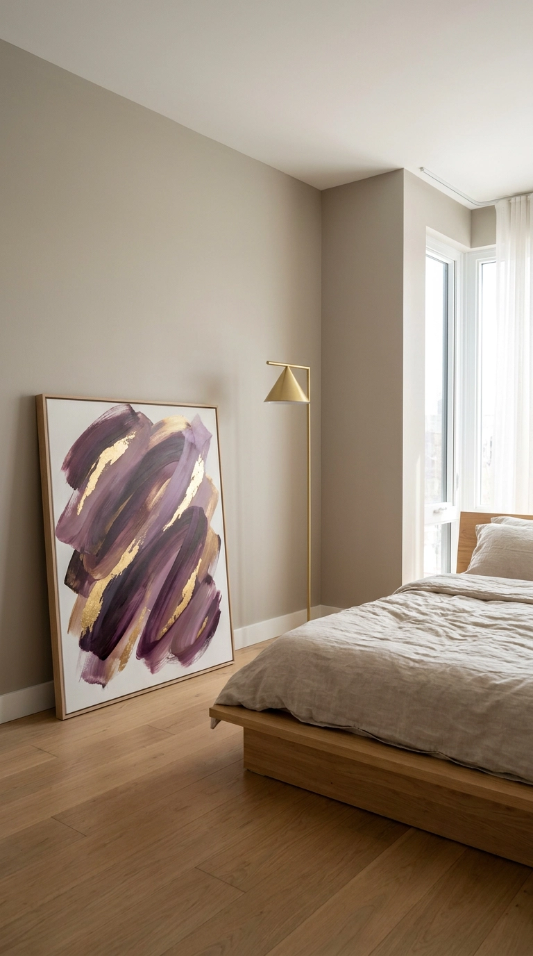 Large abstract plum and metallic gold leaf canvas art leaning against a neutral bedroom wall