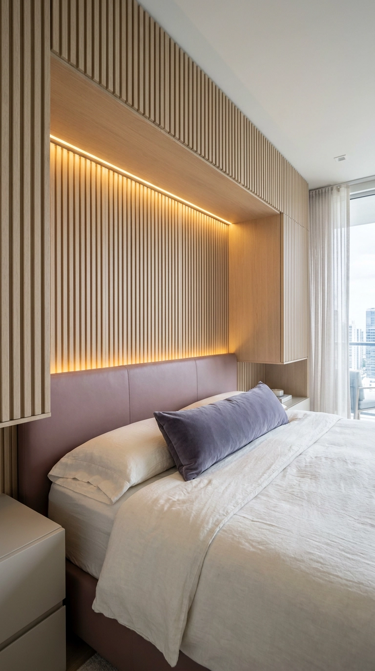 Fluted white oak slat wall with muted mauve leather nook and warm brass LED lighting