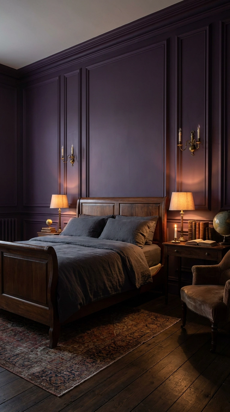 Deep violet picture frame molding walls accented with antique brass candle sconces