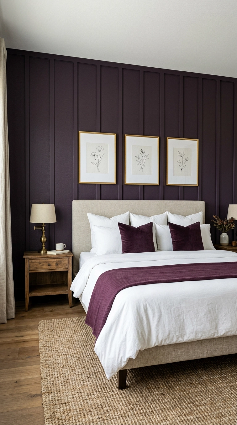 Eggplant purple board and batten wall featuring gold leaf framed botanical prints
