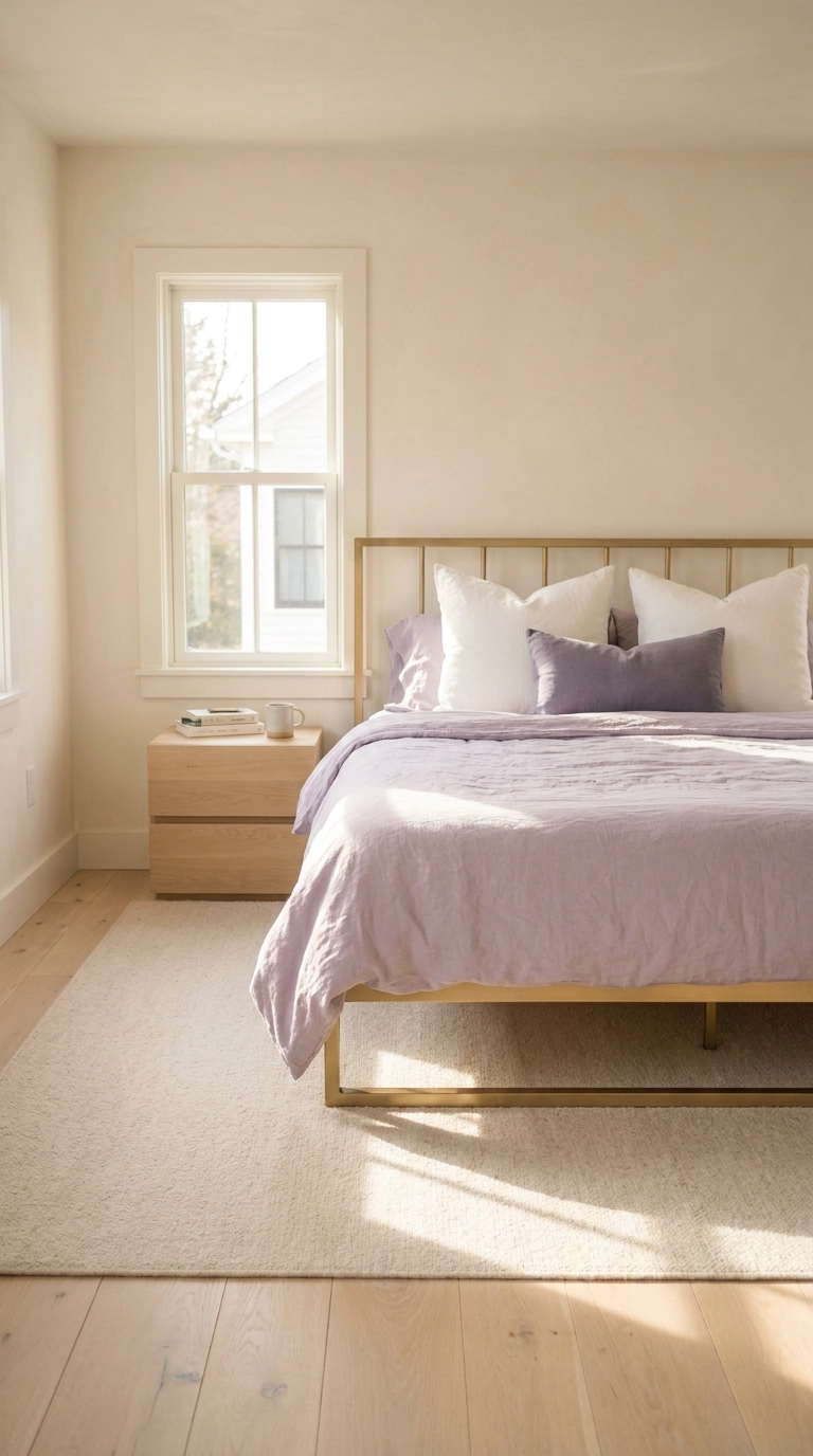 Muted lavender linen bedding on brushed gold metal bed frame against alabaster walls