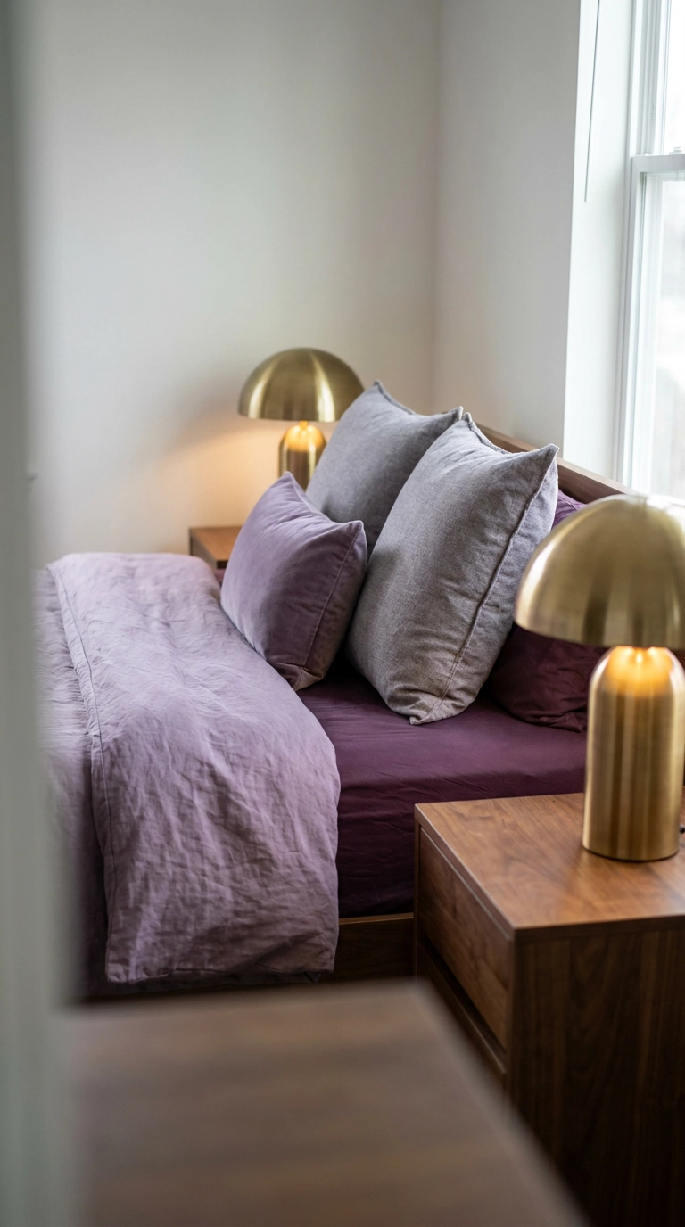 Layered lavender and plum linen bedding anchored by brushed brass dome table lamps