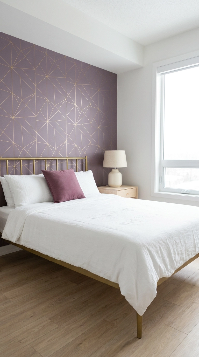 Peel and stick dusky violet wallpaper with subtle gold geometric lines behind bed