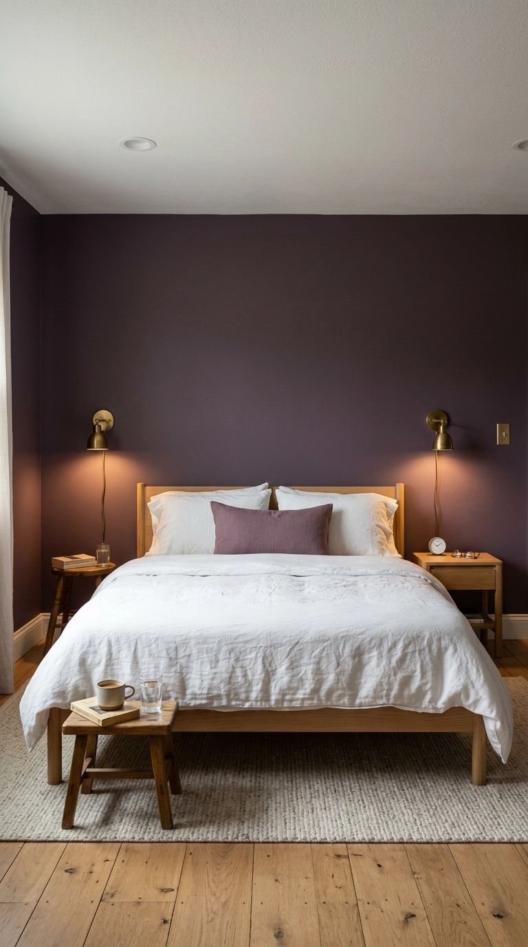Deep plum purple bedroom walls with unlacquered brass sconces and white oak bed
