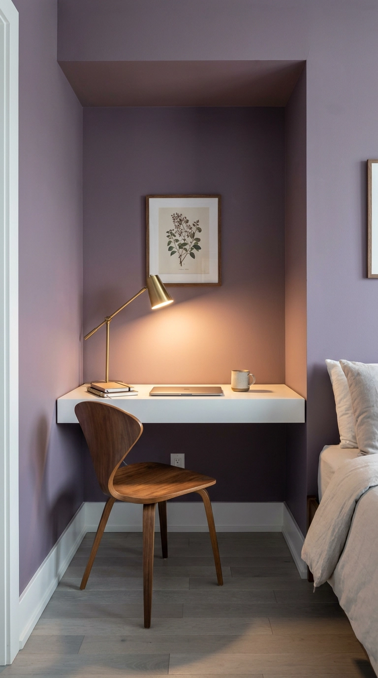 Dusty heather purple desk alcove featuring a minimalist brushed brass task lamp