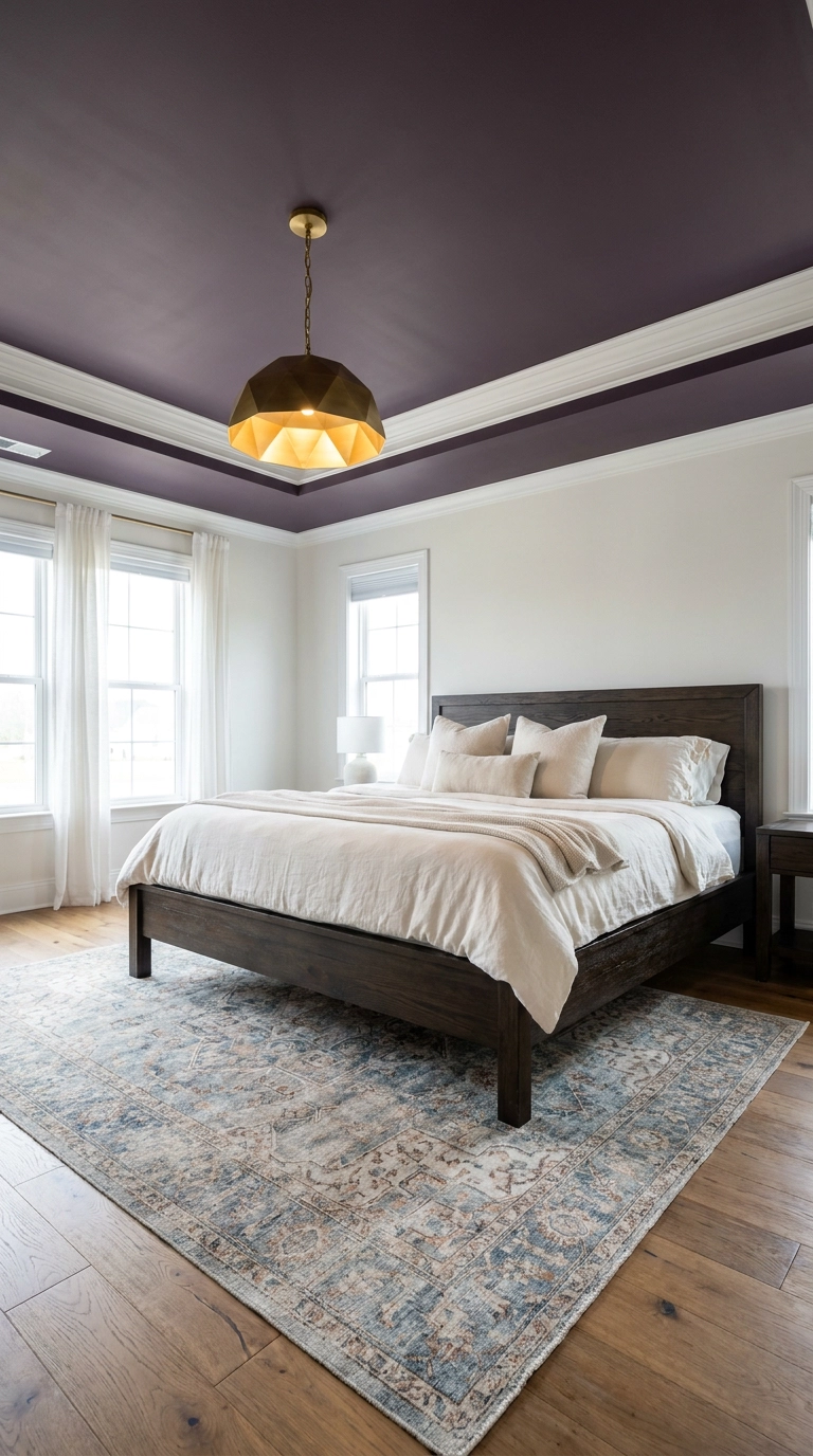 Smoky fig painted ceiling with a satin brass flush mount light fixture