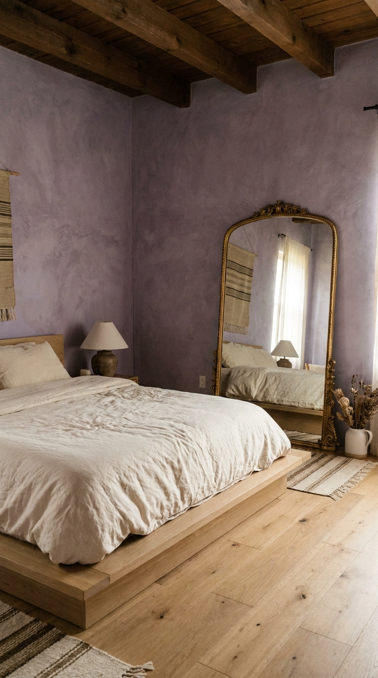 Soft iris purple limewash plaster wall with an ornate vintage gold floor mirror