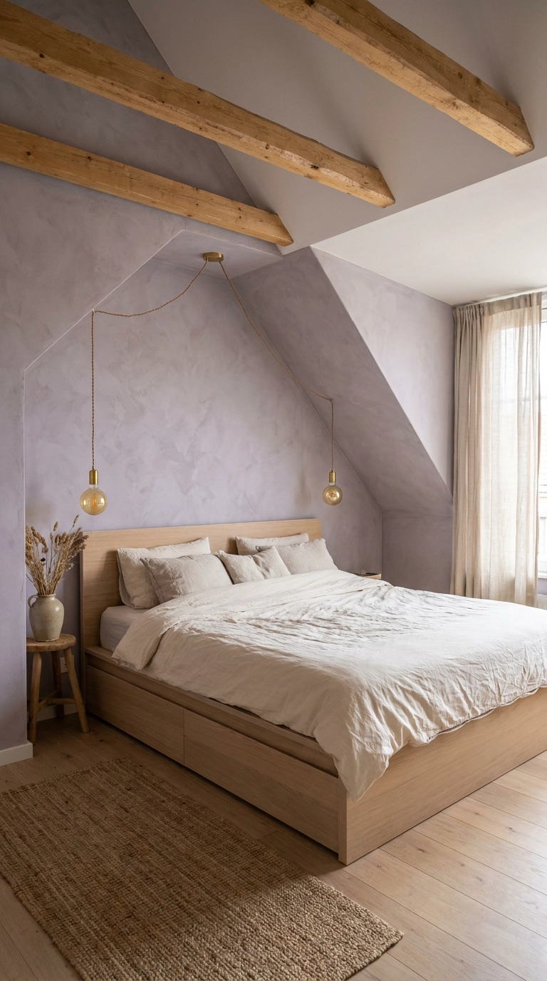 Lavender-grey limewash alcove illuminated by warm gold filament edison pendant lights