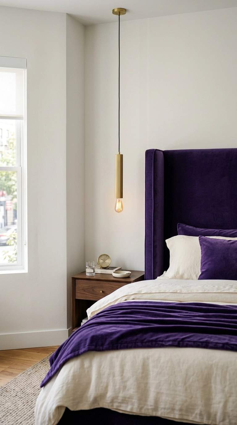 Royal purple velvet headboard flanked by fluted gold brass pendant lights
