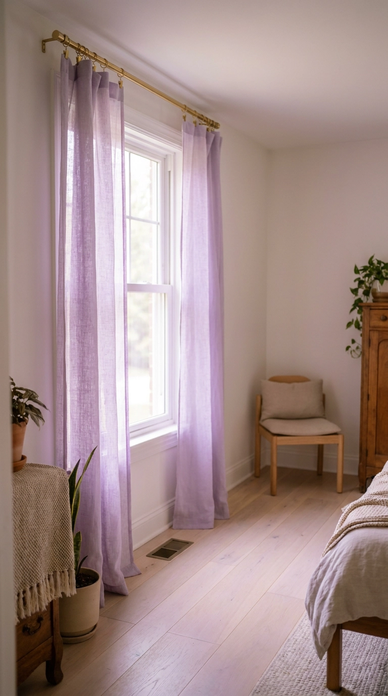 Sheer iris purple curtains hung on a slim gold curtain rod with matching ring clips