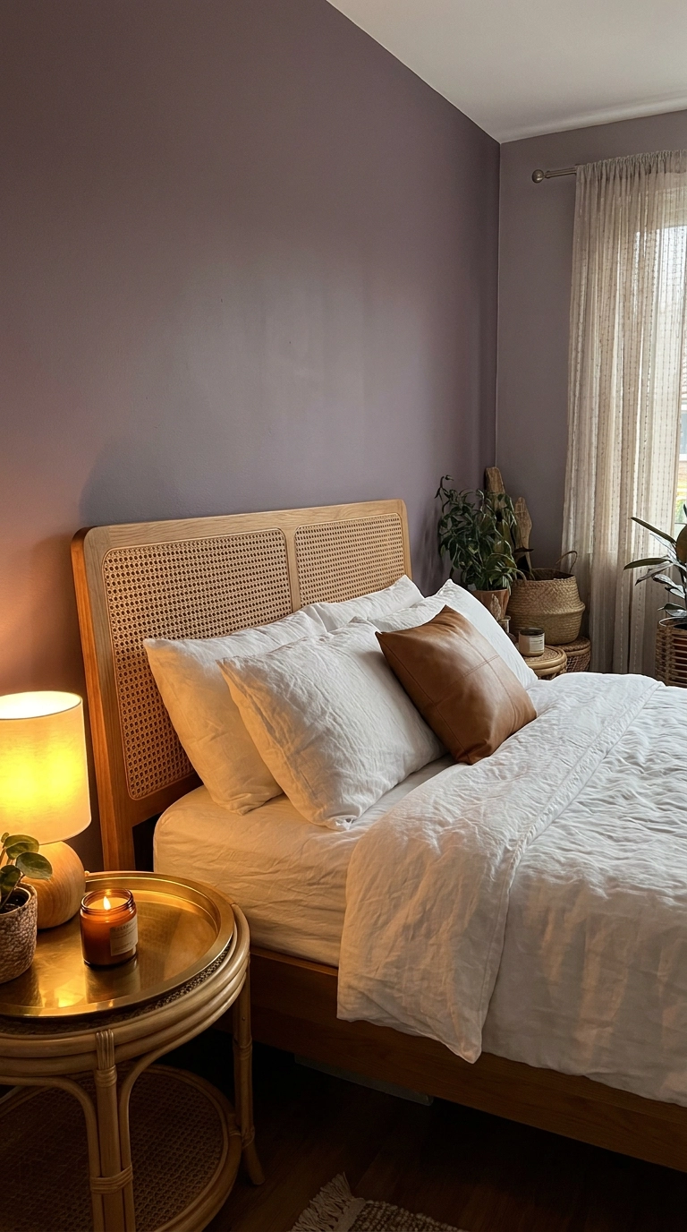 Woven cane headboard against a muted grape purple wall accented with gold decor