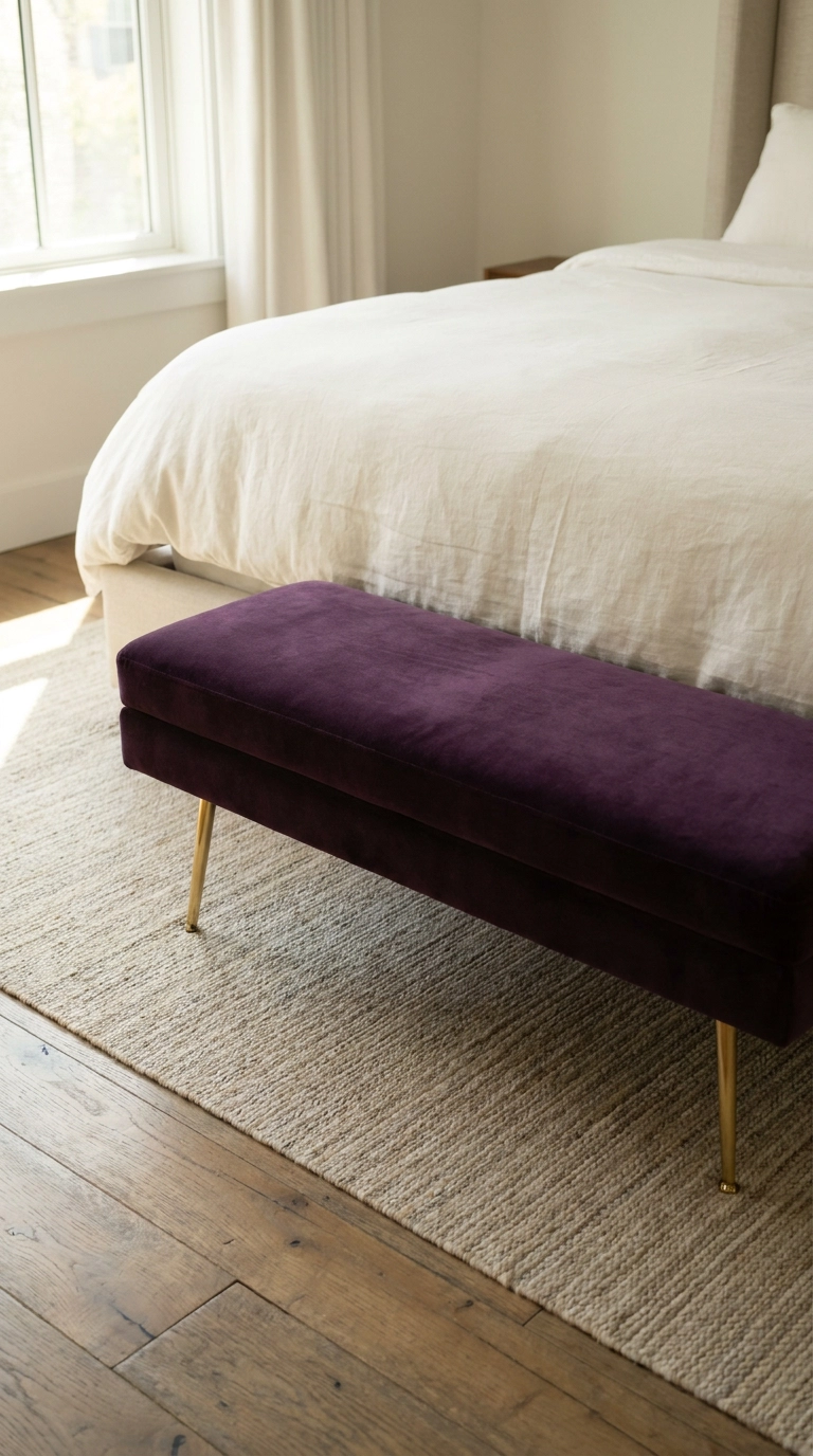 Aubergine purple velvet bench with polished gold tapered legs at the foot of a bed