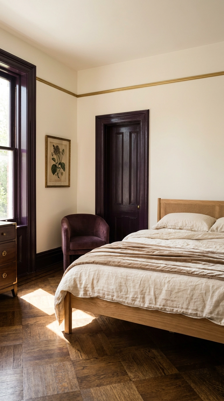 Glossy midnight purple painted trim paired with a thin metallic gold picture rail molding