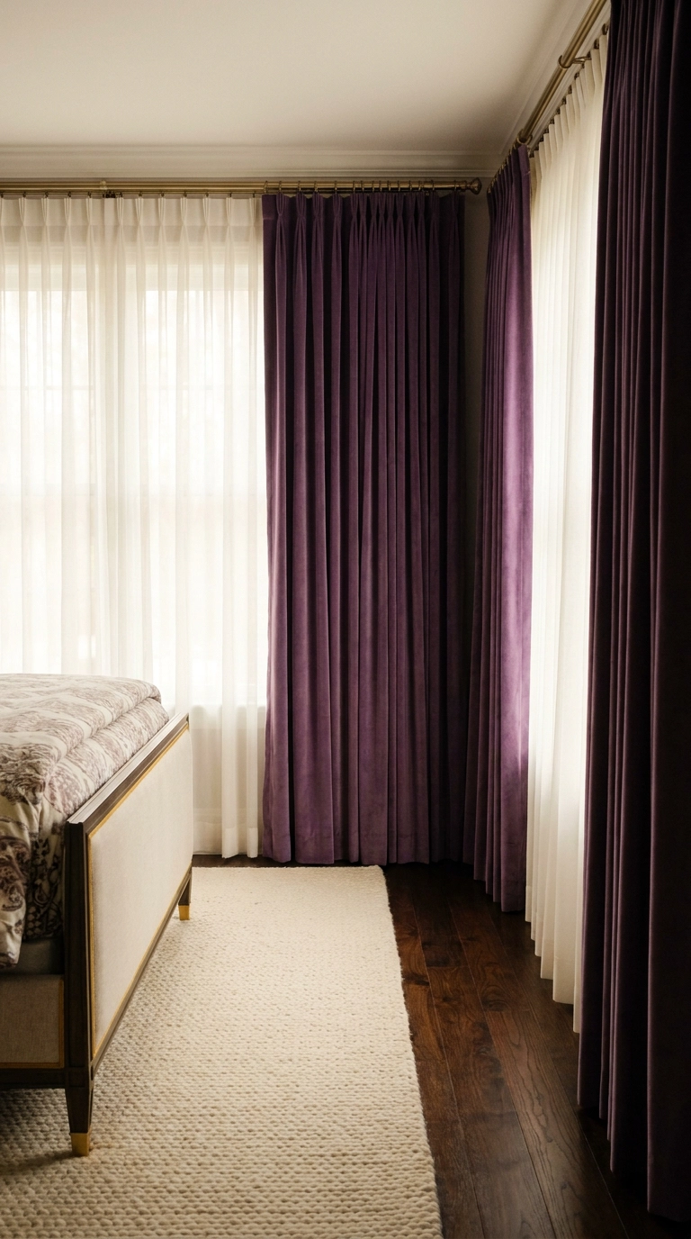 Amethyst purple velvet window drapes hanging from heavy brushed brass curtain hardware