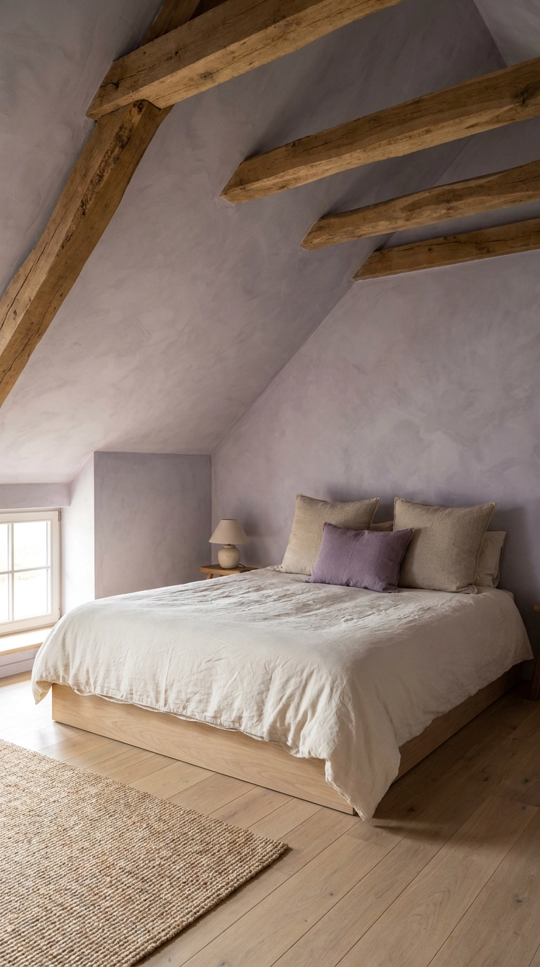 Textured lavender grey limewash plaster walls in sloped ceiling attic purple bedroom