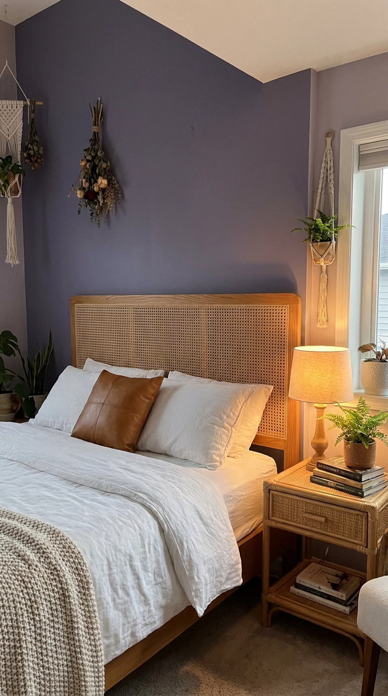 Woven cane webbing headboard against muted royal purple wall in warm bedroom