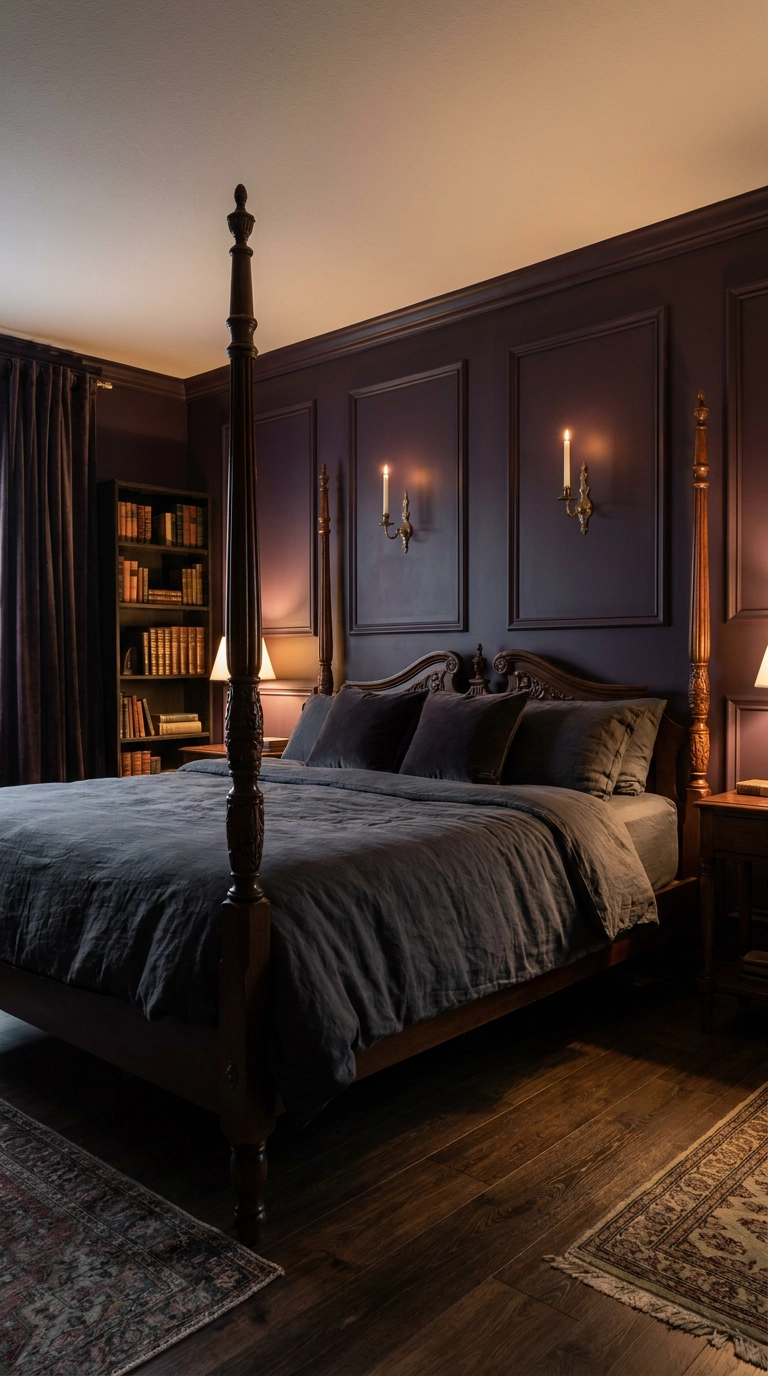 Deep eggplant picture frame molding wall with antique brass sconces in purple bedroom