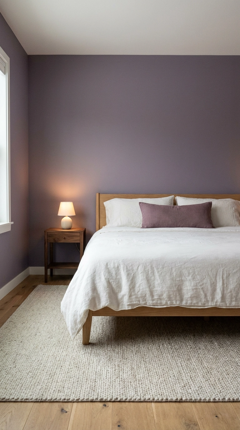 Dusty heather purple bedroom with walnut nightstand and white oak platform bed