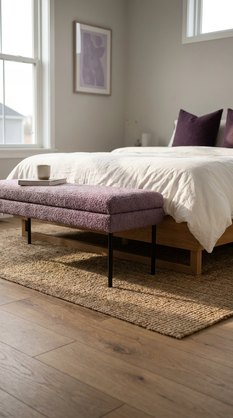 Dusty thistle purple boucle bench at foot of bed in contemporary bedroom