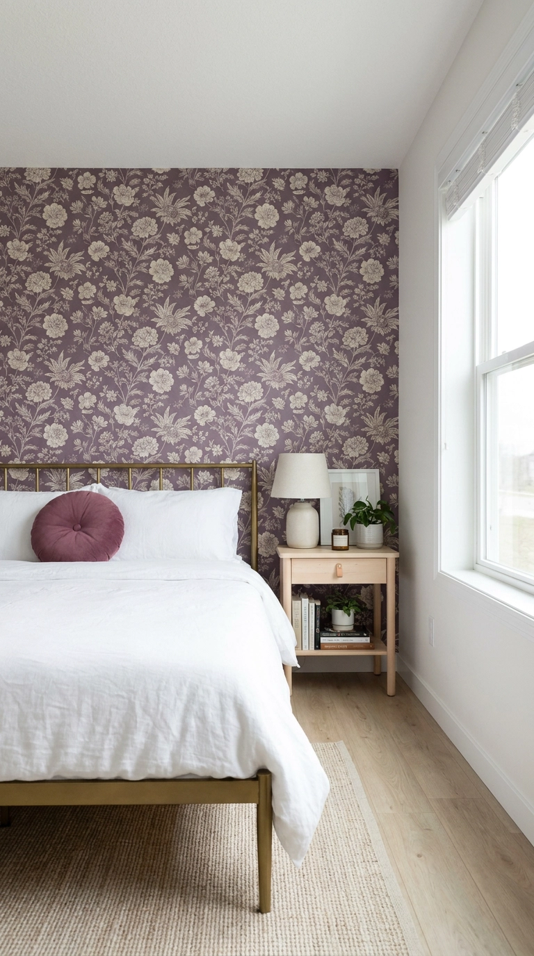 Peel and stick dusky violet botanical wallpaper behind brass bed frame in purple bedroom