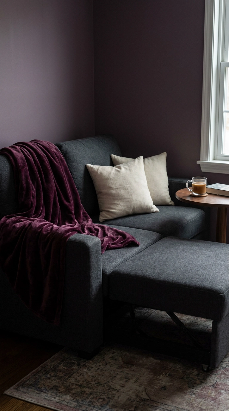 Deep wine velvet throw blanket draped over charcoal sofa bed in guest room
