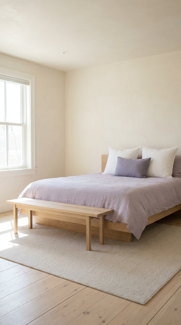 Soft lavender linen bedding on white oak platform bed in Japandi purple bedroom