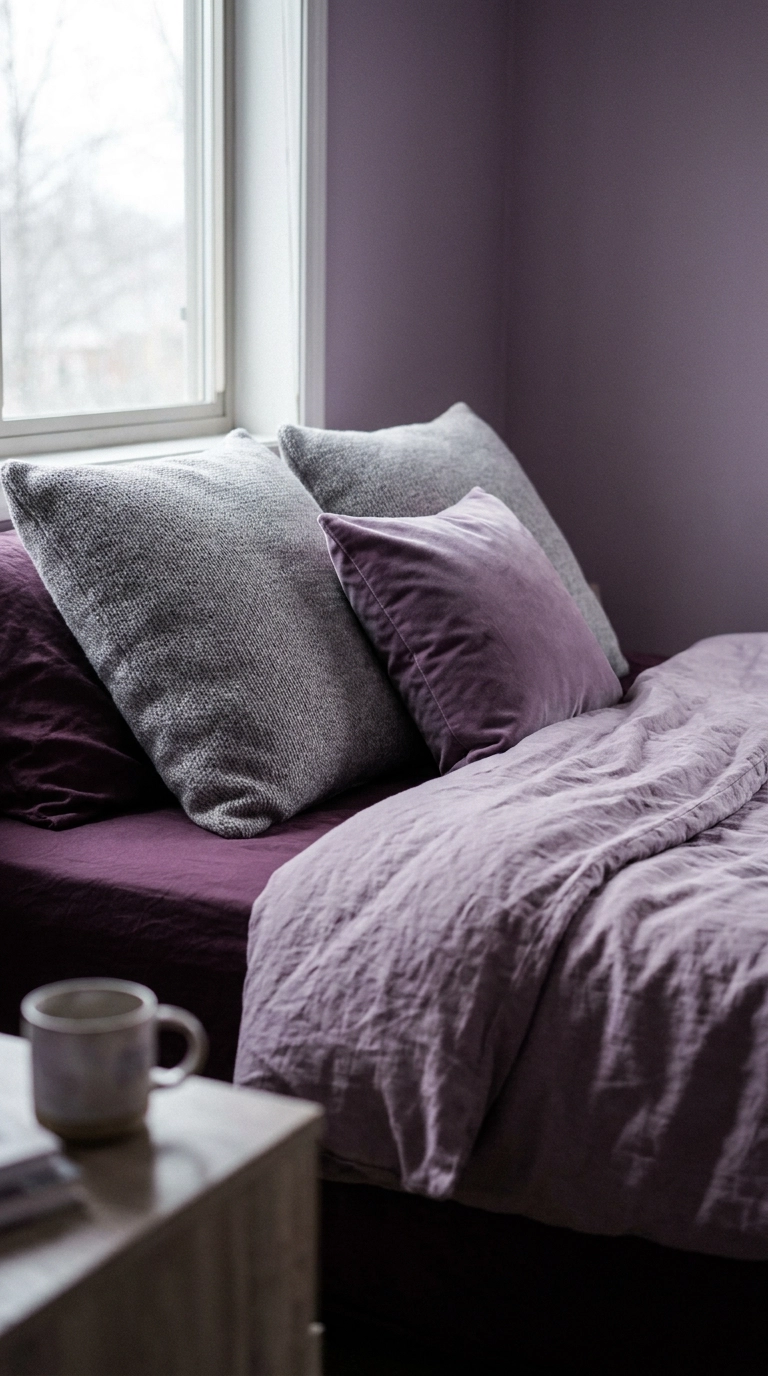 Monochromatic layered purple bedding with plum, lavender, and dusty violet textiles