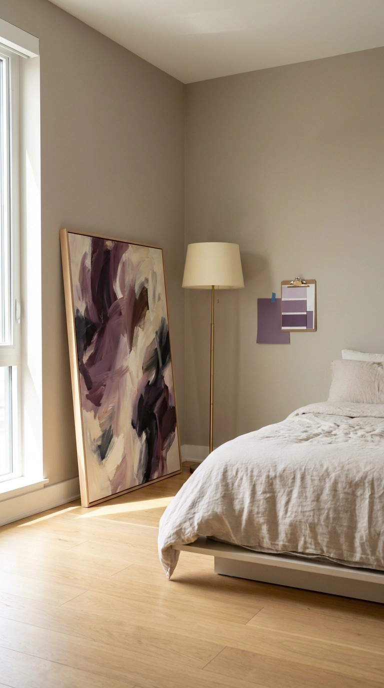 Oversized abstract plum canvas artwork leaning against wall in purple bedroom