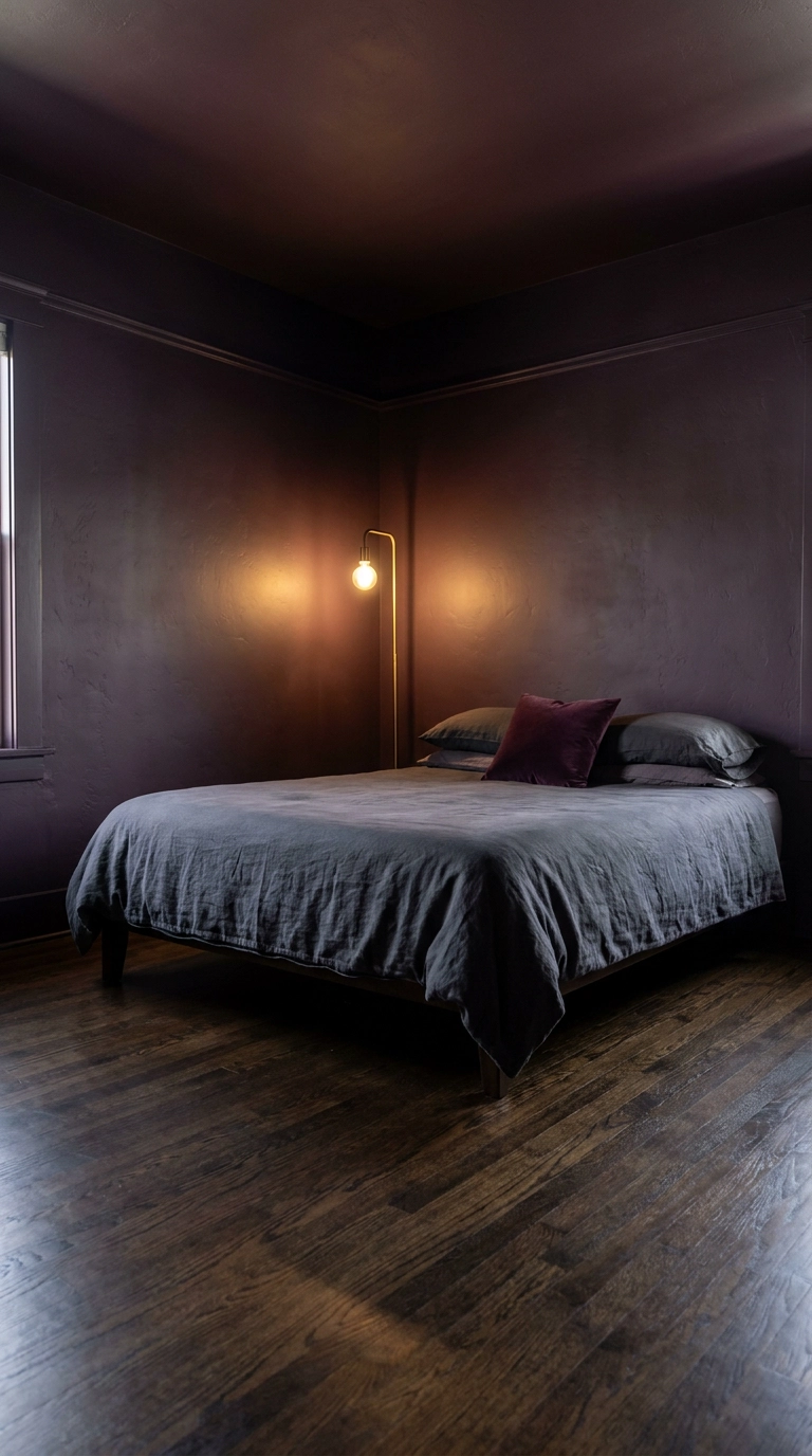 Plum color drenched purple bedroom with charcoal linen duvet and brass floor lamp