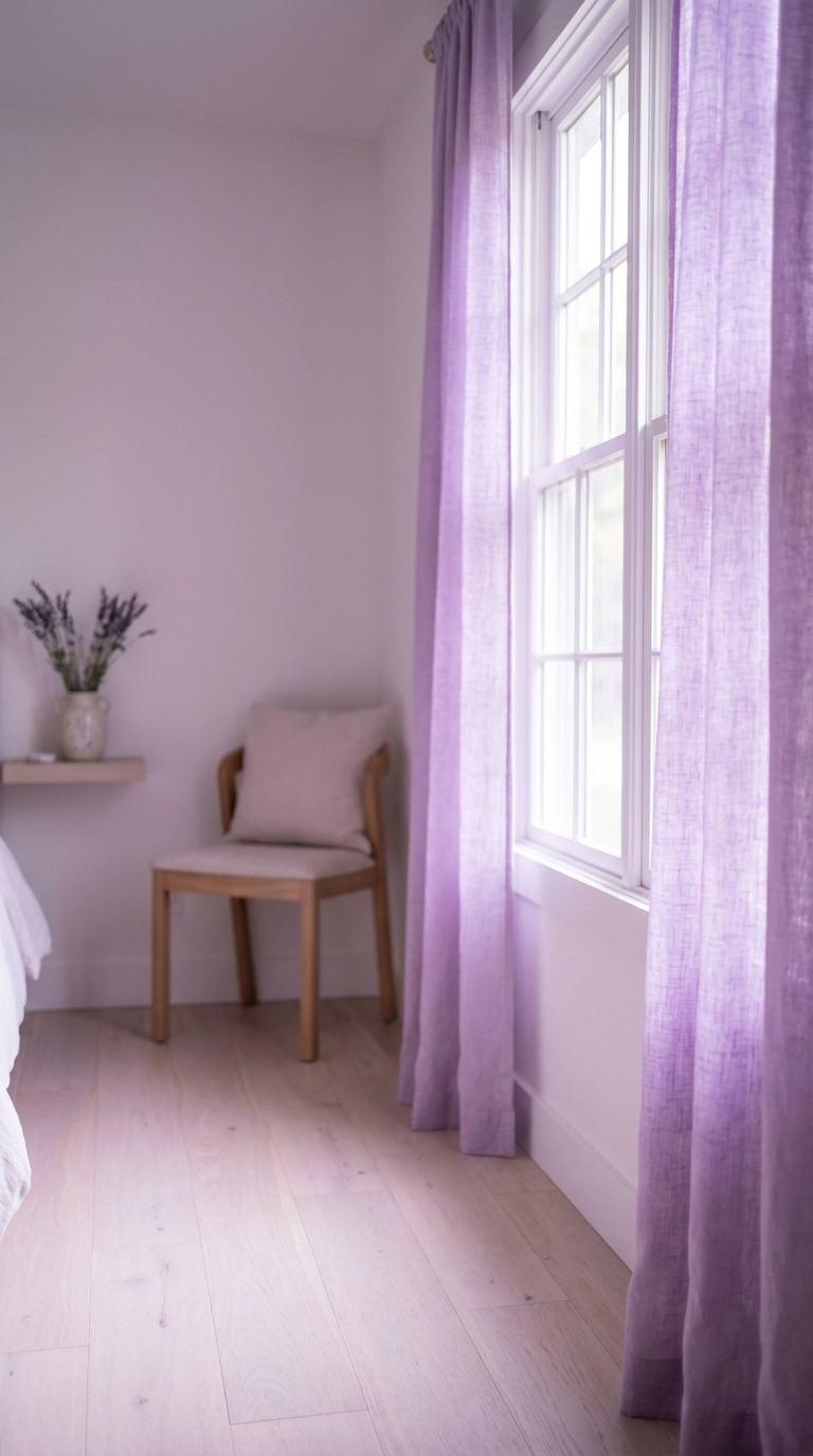 Soft iris purple sheer curtains diffusing sunlight across white oak bedroom floor