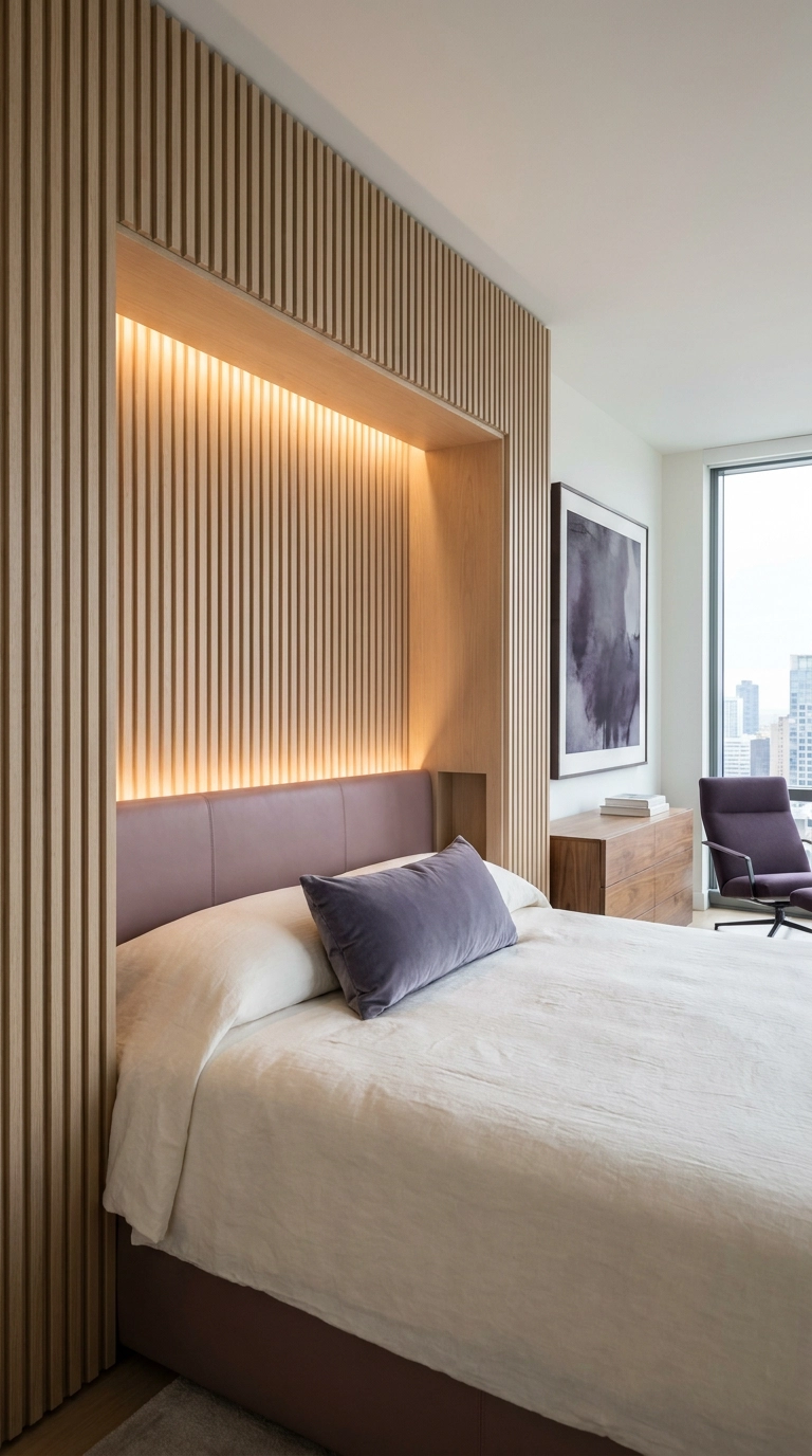 Fluted white oak slat wall with custom muted mauve headboard nook in modern bedroom