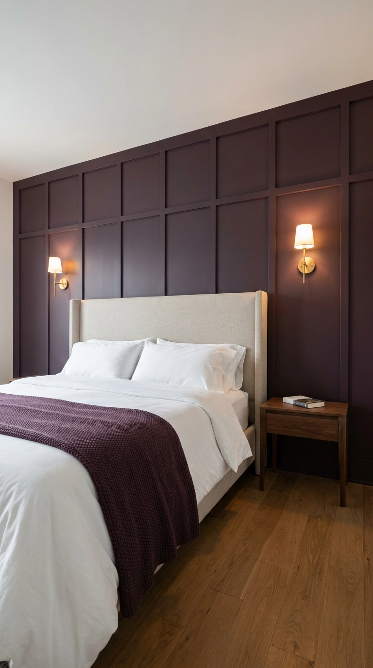 Aubergine board and batten accent wall with brass sconces in purple bedroom