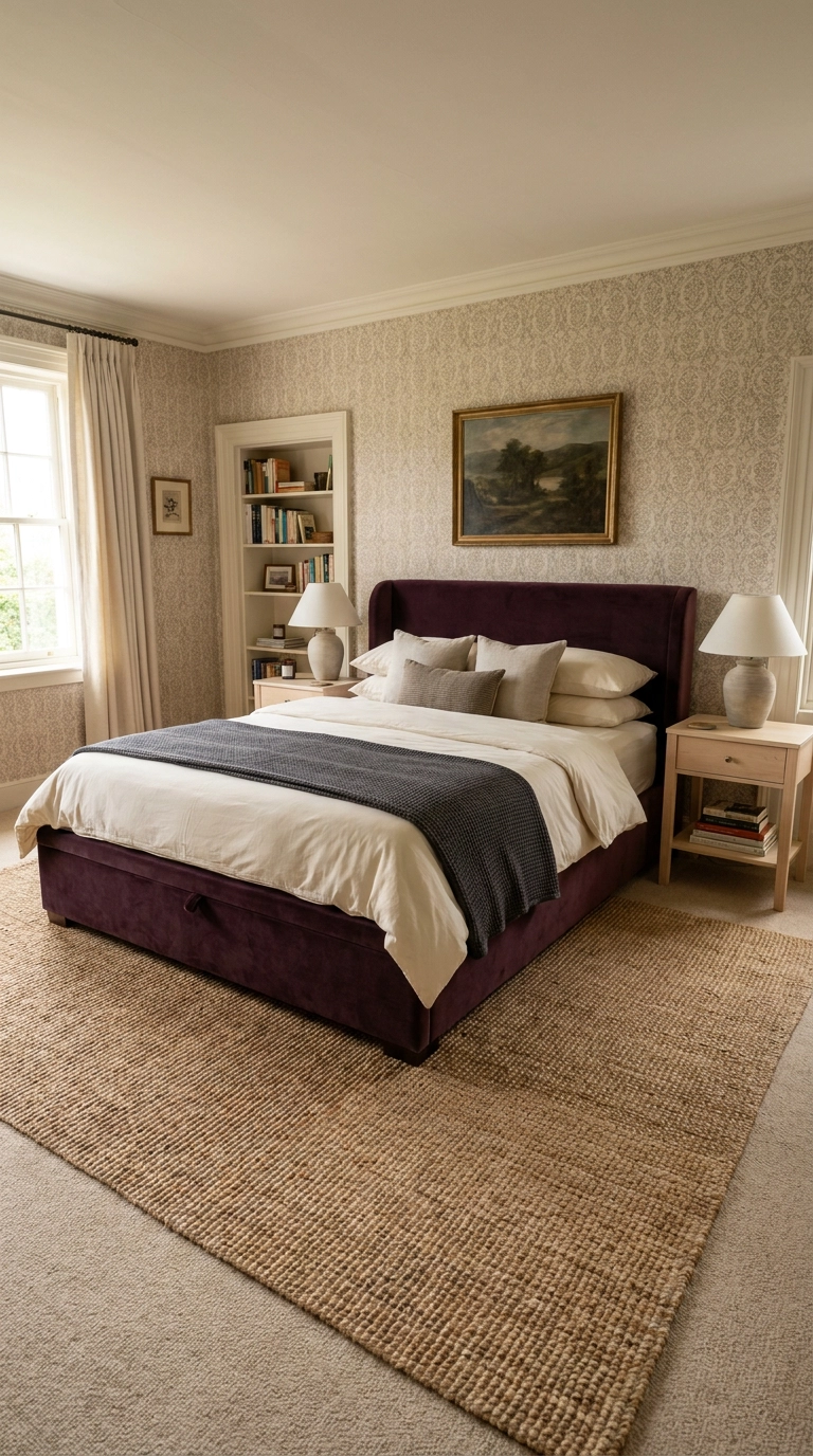 Plum velvet upholstered storage bed frame on natural jute rug in purple bedroom